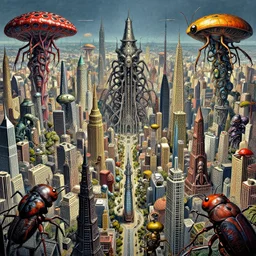 insectoid city, overdetailed, hypermaximalist, complementary colors, polished, visionary fineart, glenn brown, tsutomu nihei, hans ruedi giger, zdzisław beksinski, david cronenberg