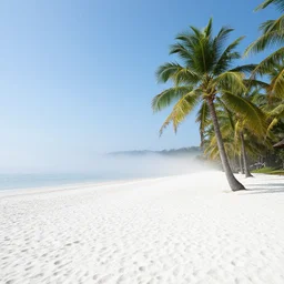 tropical beach in snow, sunny, mist, palm trees, landscape photo