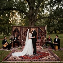 bohemian wedding under trees : : wedding photography : : dawn, persian carpets, band, forest, 8 k