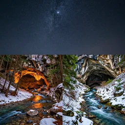 two completely different landscapes, professional photography, stars, fire, river, snow, cave, forest