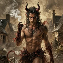 Frank Dillane as the devil, seductive, sexy, wispy tendrils of smoke, intricate, digital painting, old english, raining, sepia, particles floating, whimsical background by marc simonetti, artwork by liam wong