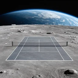 wide view photo of a tennis court on the surface of the moon with the earth visible in the background