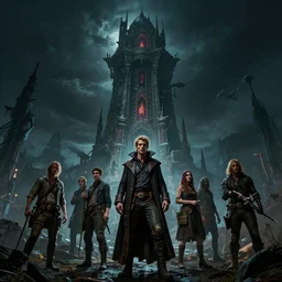 epic masterpiece of cinematographic hyperrealism where a group of archeologists appears in front of a large vampire tower. realistic shaded lighting poster by craig mallismo, artgerm, jeremy lipkin and michael garmash, unreal engine, radiant light, detailed and intricate environment, digital art, art station trends, horror, night, darkness