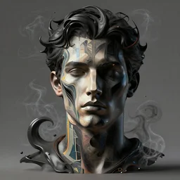 epic concept art. abstract male supermodel face silhouette mixing with black and color liquid fluid. abstract sculpture. art deco swirls. smoke simulation, vfx, cinema 4 d, tyflow. masterpiece, michelangelo. concept art, matte painting. greg rutkowski, wlop, victo ngai, kandinski denis villeneuve, 8 k