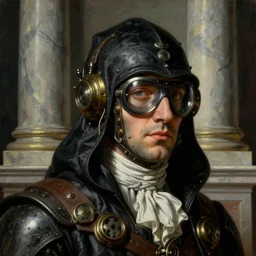a baroque neoclassicist close - up portrait of a steampunk assassin head and shoulders, large marble architecture in background. renaissance portrait painting. highly detailed science fiction painting by norman rockwell, frank frazetta, and syd mead. rich colors, high contrast, gloomy atmosphere, dark background. trending on artstation