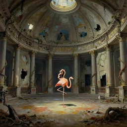 a beautiful painting of a domed decaying ballroom, rot and vines everywhere, in center an elegant dancer on flamingo legs, by salvador dali, artstation, dramatic lighting