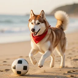 a playful caramel husky wearing a red bandana, playing soccer on the beach, Golden hour, bokeh , 4k