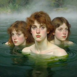 hyperrealist portrait in a river, half body submerge, dark green water algae by alphonse mucha and lucian freud and bouguereau, fog, very detailed faces