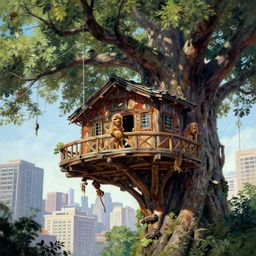 wookiee treehouse city hanging from gigantic trees, painting by ralph mcquarrie