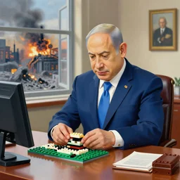 A painting of Benjamin Netanyahu playing with legos in his office, the city can be seen being bombed through the windows, by Jan Van Eyck