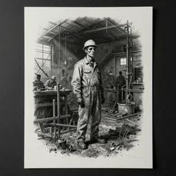 asset sheet, material study ( caricature ) factory worker ( mark ryden, hildebrandt ) spooky or foreboding ( lofi )