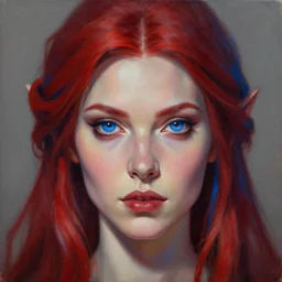 A detailed matte oil on canvas head on symmetrical portrait of a beautiful elven woman with blue red eyes heterochomia and red and blue hair by greg rutkowski and Charlie bowater, trending on artstationhd,  dungeons and dragons art critical role