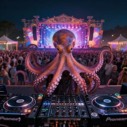 award winning closeup portrait of an octopus! as a dj with tentacles! simultaneously placed turntables cdjs and knobs of a pioneer dj mixer. in front of a large crowd, studio, medium format, octane render 3 d, unreal engine, 8 k detail, volumetric lighting, wide angle, at an outdoor psytrance festival main stage at night