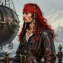 portrait of a male pirate with flowing red hair!!!!!!, handsome, braids, leather coat, side profile, Steampunk airship!!!!!!!, D&D, fantasy, simple clothing!!!!, elegant, highly detailed, digital painting, deviantart, artstation, concept art, sharp focus, illustration, art by Artgerm and Greg Rutkowski and Alphonse Mucha