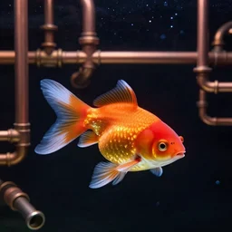 goldfish floating in dark starry space with complicated copper piping behind it