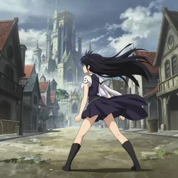 anime frames, anime visual, full body portrait of a young woman in the medieval city square looking at the fantasy palace in the distance, cute face by ilya kuvshinov, ghost in the shell, dynamic pose, dynamic perspective, rounded eyes, moody, psycho pass, kyoani, yoh yoshinari