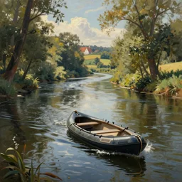 A very detailed painting in the style of featuring a river in Europe surrounded by trees and fields. A rubber dinghy is slowly moving through the water. Sun is shining, photorealistic digital art