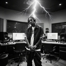 playboi carti in the studio recording his next song, black and white colors, global illumination, post processed, insane lightning, unreal engine 5, octane render, super high quality, quality, high quality, sharpened, noise grain, film grain, wide lens
