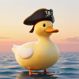 a giant pirate duck in the sea at sunset
