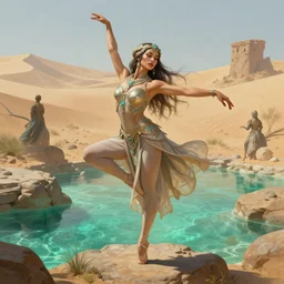 a full body portrait of a beautiful post apocalyptic offworld desert savage rogue in ballet pose by the emerald oasis pools, intricate, elegant, highly detailed, digital painting, artstation, concept art, smooth, sharp focus, illustration, art by krenz cushart and artem demura and alphonse mucha