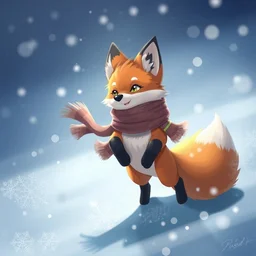 an anthropomorphic fox with a fluffy tail wearing a scarf playing in the snow, backlighting, trending on pixiv, digital art, furry art, trending on furaffinity