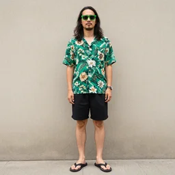 a man with long hair wearing green sunglasses, a button down shirt with flowers on it, flip flops, and black shorts