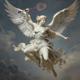 sun wu kong flying with a racket as Nike Goddess portrait, wings, luxuriant, dreamy, eternity, romantic, strong pose, highly detailed,in the style of Franz Xaver Winterhalter, highly detailed,in the style of Aetherpunk