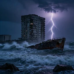 danila tkachenko, low key lighting, a ship wreck, an abandoned high soviet apartment building in the middle of the stormy ocean, storm, lighning storm, crashing waves, dramatic lighting