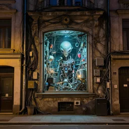 tourist street, 1 9 8 0, retrofuturism, cluttered, wires everywhere, window, at night, dramatic lighting, alien technology, detailed by simon stalenhag