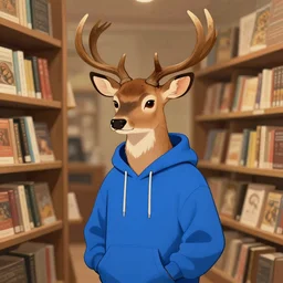 anthropomorphic nerdy deer wearing a blue hoodie in a bookstore. Renowned character illustration by greg rutkowski, thomas kindkade, alphonse mucha, loish, norman rockwell. Trending on FurAffinity.