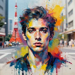 portrait in the tokyo city, rule of thirds, face symmetry, colourful spray paint splatters, expressive, abstract art, by greg rutkowski, by jeremy mann, by francoise nielly, 4 k, 8 k, correct body proportion, cinematic style