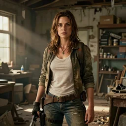 fallout 5, charismatic beautiful rugged brunette female protagonist, portrait, indoors dilapidated shop interior, atmospheric lighting, painted, intricate, volumetric lighting, beautiful, daytime, sunny weather, slight overcast, golden hour, sharp focus, deep colours, ultra detailed, by leesha hannigan, ross tran, thierry doizon, kai carpenter, ignacio fernandez rios