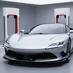 a closeup photorealistic photograph of a futuristic electric ferarri concept ev charging in silicon valley at a tesla charger. bright scene, silicon valley. fine detail. this 4 k hd image is trending on artstation, featured on behance, well - rendered, extra crisp, features intricate detail, epic composition and the style of unreal engine.