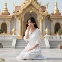 a crying woman in a white gown kneeling at a beautiful shrine under a cherry blossom tree, rainy wet, ultradetailed, hd 8 k, oil on canvas, manet, detailed brushstrokes