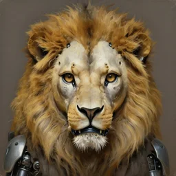 perfectly centered portrait, front view of a beautiful biomechanical android lion robot skull, intense stare, symmetrical, concept art, intricate detail, volumetric shadows and lighting, realistic oil painting by tim hildebrandt,