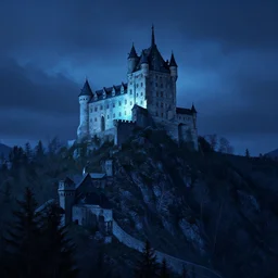 castle on the top of a mountain, blue light, blue tones. by henriette ronner - knip, by william henry hunt, by rembrandt, by joseph mallord william turner, by konstantin razumov, concept art,