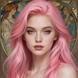 a very beautiful pink haired woman, fantasy, portrait, sharp focus, intricate, elegant, digital painting, artstation, matte, highly detailed, concept art, illustration, ambient lighting, art by ilya kuvshinov, artgerm, alphonse mucha, and greg rutkowski