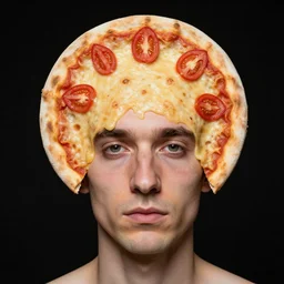 portrait of man with a rare facial deformity making the head a flat and circular disc, looking like a pizza, doughy skin with cheese - like structure, blemishes look like sliced tomatoes, soft lighting, sharp focus, highly symmetrical, black background, masterpiece, case documented by paola agosti
