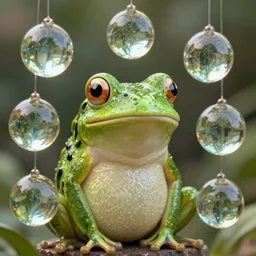 The Wednesday frog and all his orbs hanging out, high quality render, realistic reflections, reflective surfaces, natural lighting, the orbs of BYOB, The Wednesday Frog, background details, highly a detailed, hyper realistic, orbs, orbs, orbs!!!