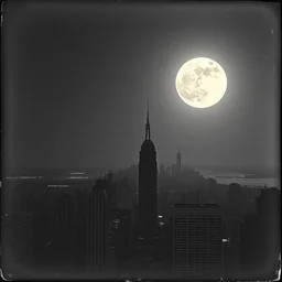 vintage photo still of the moon exploding over new york city in the 1 9 2 0 s, black and white, weathered, edge vignette