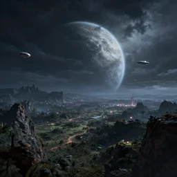 beautiful alien planet landscape on a stormy day at night with a city in the background and spaceships in the sky, high detail, high definition, photorealistic, 8k