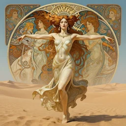 cyborg seductive goddess dancing in the desert art by tan zi and ayanamikodon and alphonse mucha and wlop, symmetrical face, fantasy, surreal, intricate and very beautiful and elegant, highly detailed, digital painting, trending on artstation, concept art, smooth and sharp focus, illustration
