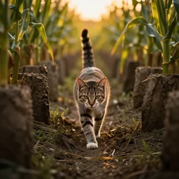 a cat walking through a corn maze, dramatic, golden hour