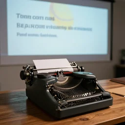 a old school type writer on a wooden table used to input prompt to generate ai rendered image on a video projection