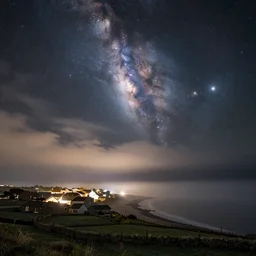 a beautiful double exposure of the astronomy picture of the day, nebula, with a rural seaside village landscape at night, misty, long exposure clouds