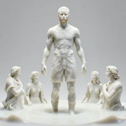 a statue made of white marble with gold veins, of steph curry submerged in milk, transhumanism, full body shot, perfect symmetrical body, perfect symmetrical face, hyper realistic, hyper detailed, by johannen voss, by peter kemp, by monia merlo, by michelangelo, by ernst haeckel, by alex grey, octane render, blender, 8 k