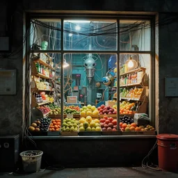 fruit store, 1 9 8 0, retrofuturism, cluttered, wires everywhere, window, at night, dramatic lighting, alien technology, detailed by simon stalenhag