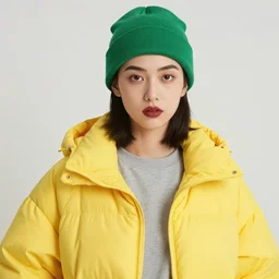 girl wearing a ( ( ( ( funky yellow bubble jacket ) ) ) ), green beanie, gray shirt, thick eyebrows, dark red lips, ( ( ( round eyeglasses ) ) ), highly detailed, geek, synth wave, digital painting, artstation, concept art, smooth, sharp focus, illustration, art by artgerm and greg rutkowski and alphonse mucha