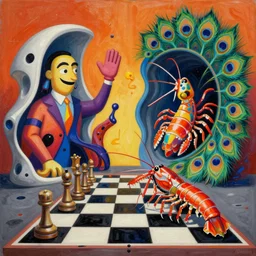 an extremely high quality hd surrealism warm painting of 4 d perspective neon complimentary - colors cartoon surrealism melting sculpture composition of zaha hadid biological anatomical peacock mantis shrimp by a much more skilled version of kandinskypicasso and salvia dali the fourth, salvador dali's extremely much more talented painter cousin, 8 k, ultra realistic, odontodactylus scyllarus, chess, tunnels