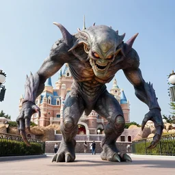 man transforming into a horrifying lovecraftian creature in the middle of disneyland, high resolution photo